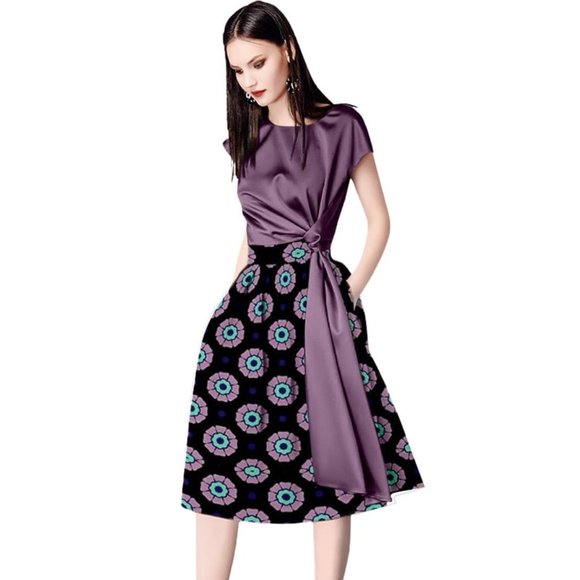 Women Blouse and Skirt Set Print Midi Skirt and Solid Blouse
